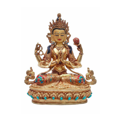 Chenrezig Buddhist Statue | Handmade Copper Sculpture | Full Fire Gold Plated | Face Painted | Stone Setting