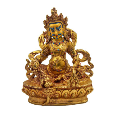 Yellow Jambhala Buddhist Statue – Handmade Copper Sculpture | Full Fire Gold Plated | Stone Inlaid | Hand-Painted Face